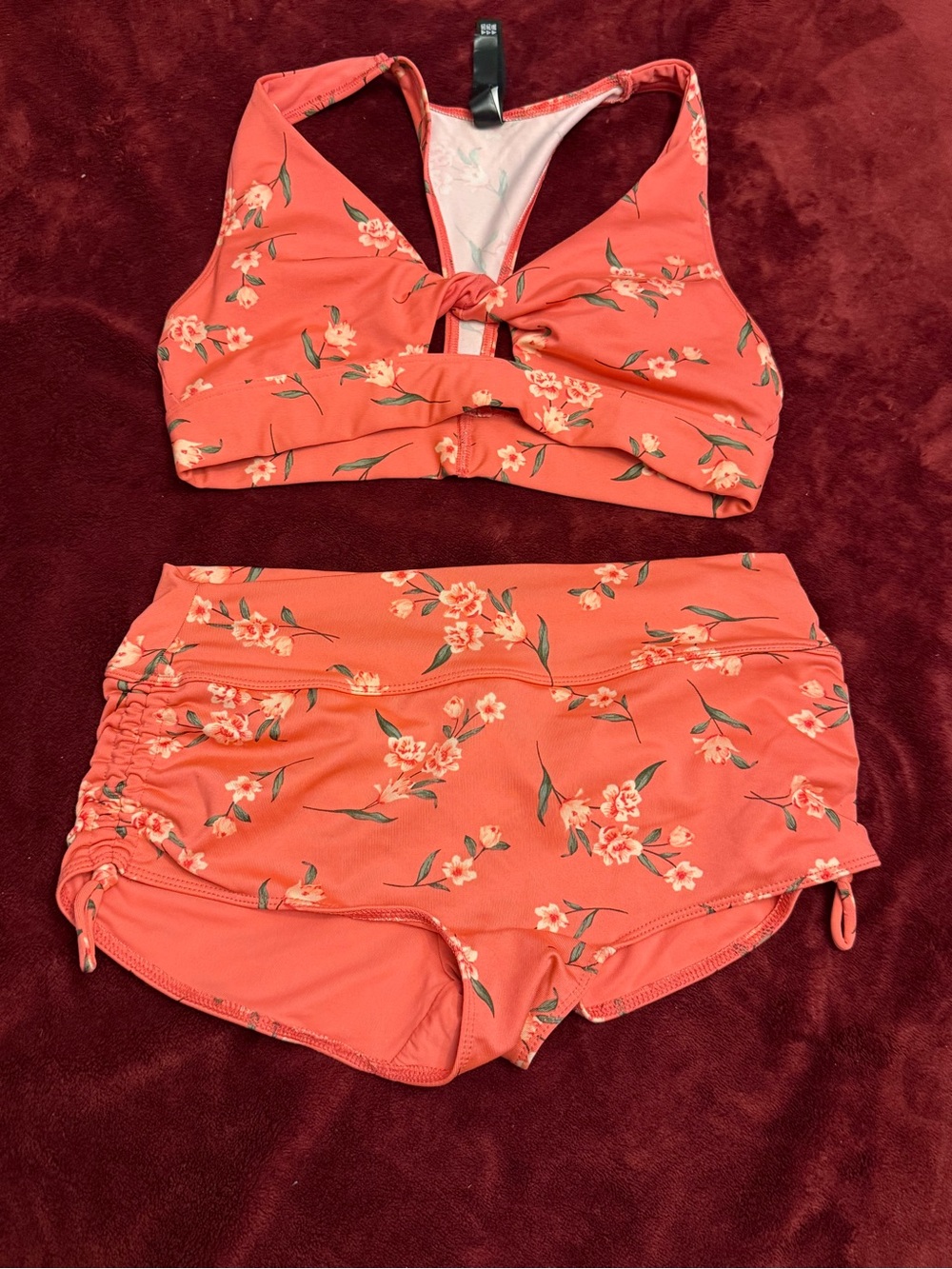Hollister Coral Floral Knot-Front Bikini Top with Swim Shorts